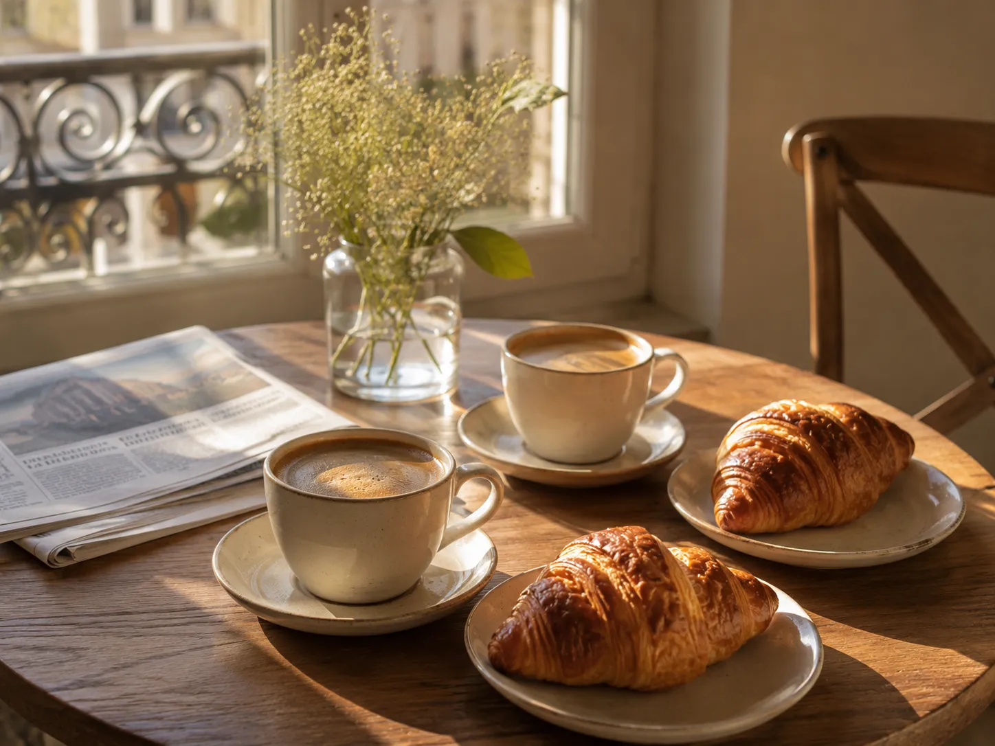 Deux tasses de cafe et deux croissants sur une petite table pres d'une fenetre ensoleillee, avec un journal plie de cote, dans une lumiere chaude du matin.