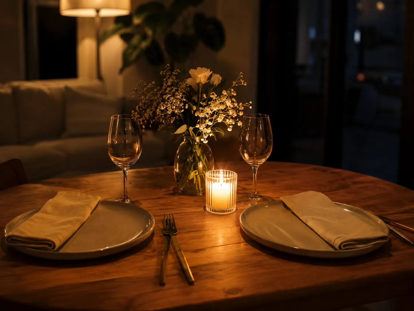 Une table dressee pour deux a la maison le soir, avec deux verres, une bougie allumee et un petit vase de fleurs, dans une lumiere chaude et tamisee.