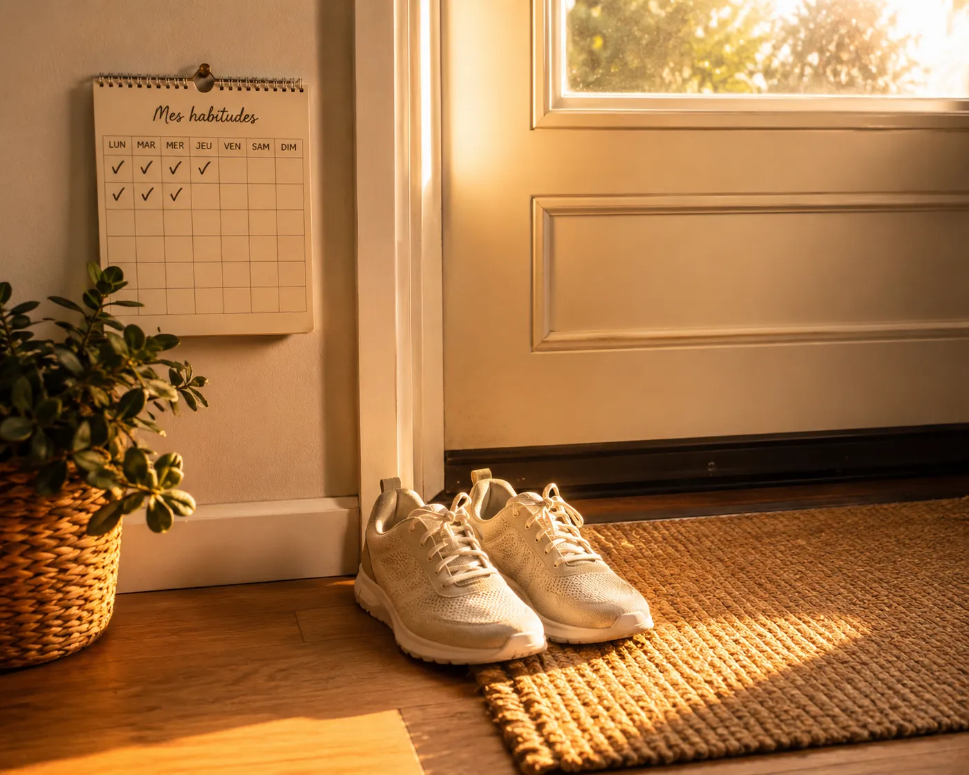 Une paire de baskets posee pres de la porte d'entree dans une lumiere doree, a cote d'un calendrier de suivi des habitudes coche a la main.