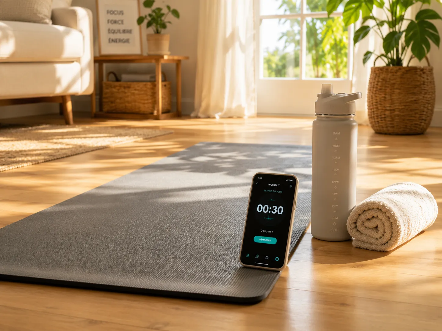 Un tapis de sport deroule dans un salon lumineux, avec un telephone affichant un minuteur, une gourde et une petite serviette roulee a cote.