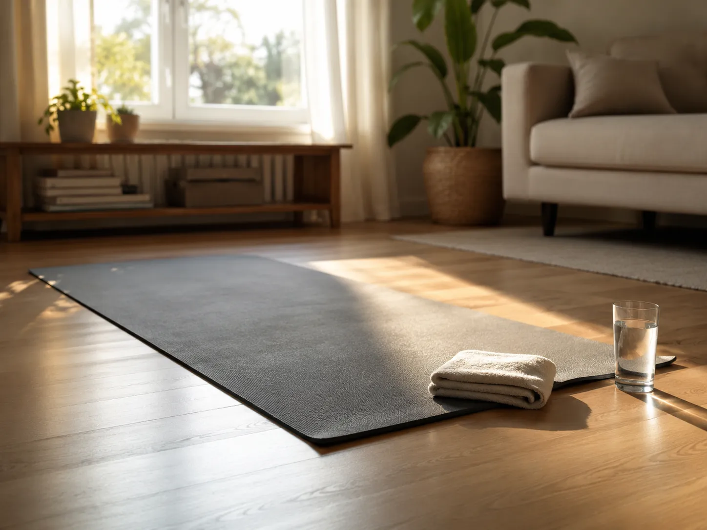 Un tapis de sport deroule sur le parquet d'un salon, baigne d'une lumiere douce du matin, avec une serviette pliee et un verre d'eau pose au bord.