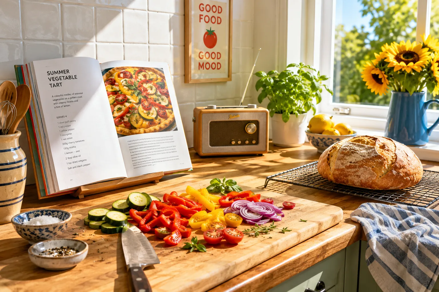 Un plan de travail de cuisine en pleine lumiere de midi, avec un livre de cuisine ouvert, une planche de legumes coupes, un pain qui refroidit et une petite radio.