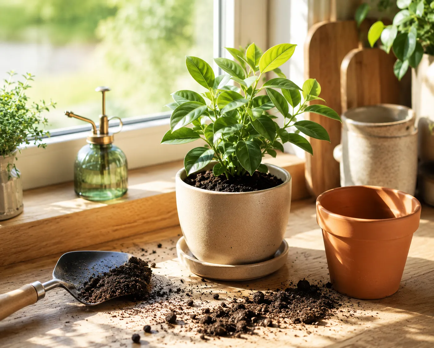 Une jeune plante verte fraichement rempotee sur le rebord ensoleille d'une fenetre de cuisine, un pot en terre cuite vide et une petite pelle avec de la terre a cote, idee de renouveau.