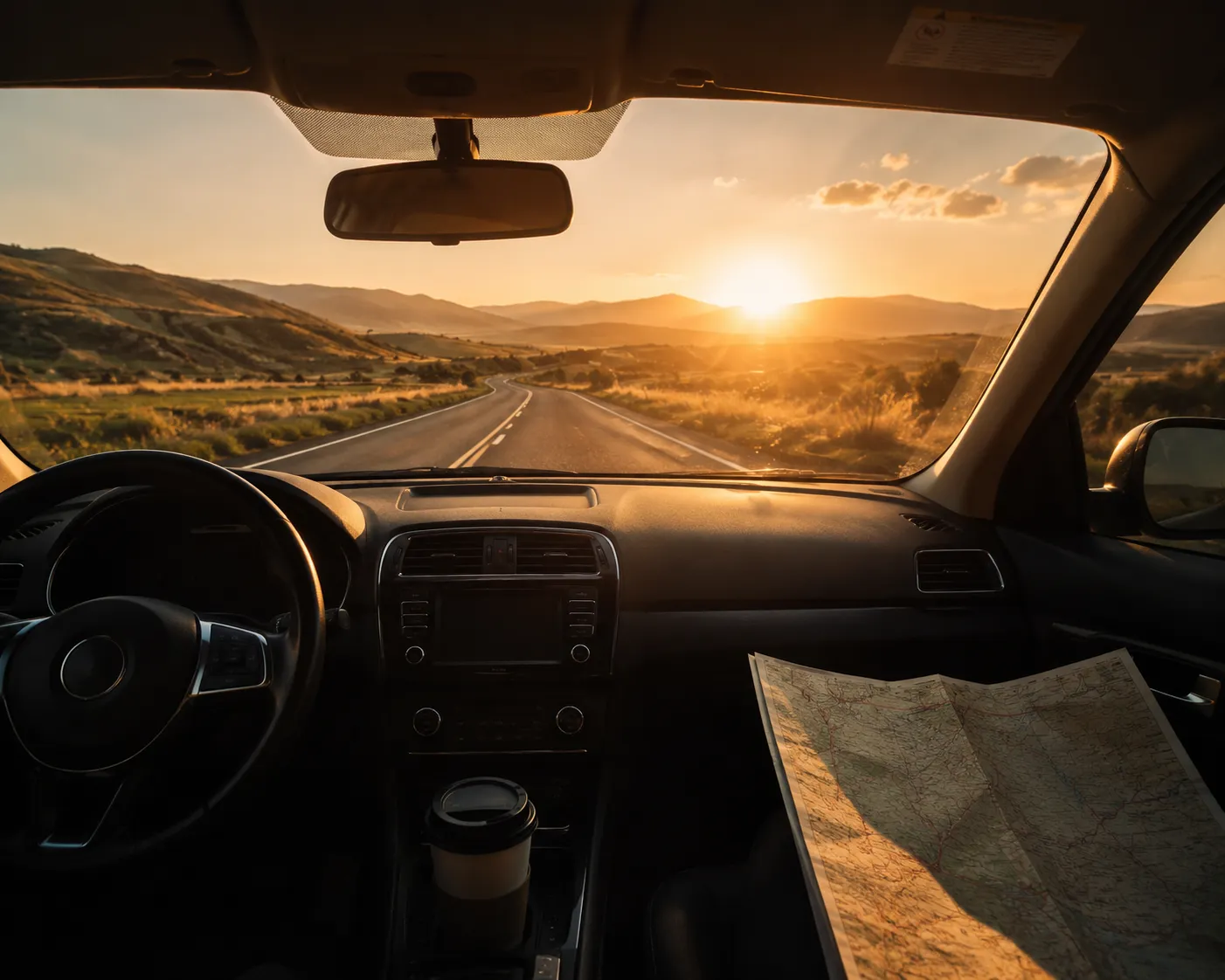 Une route de campagne vue depuis l'interieur d'une voiture au coucher du soleil, une carte pliee sur le siege passager, lumiere doree, idee de nouveau depart.