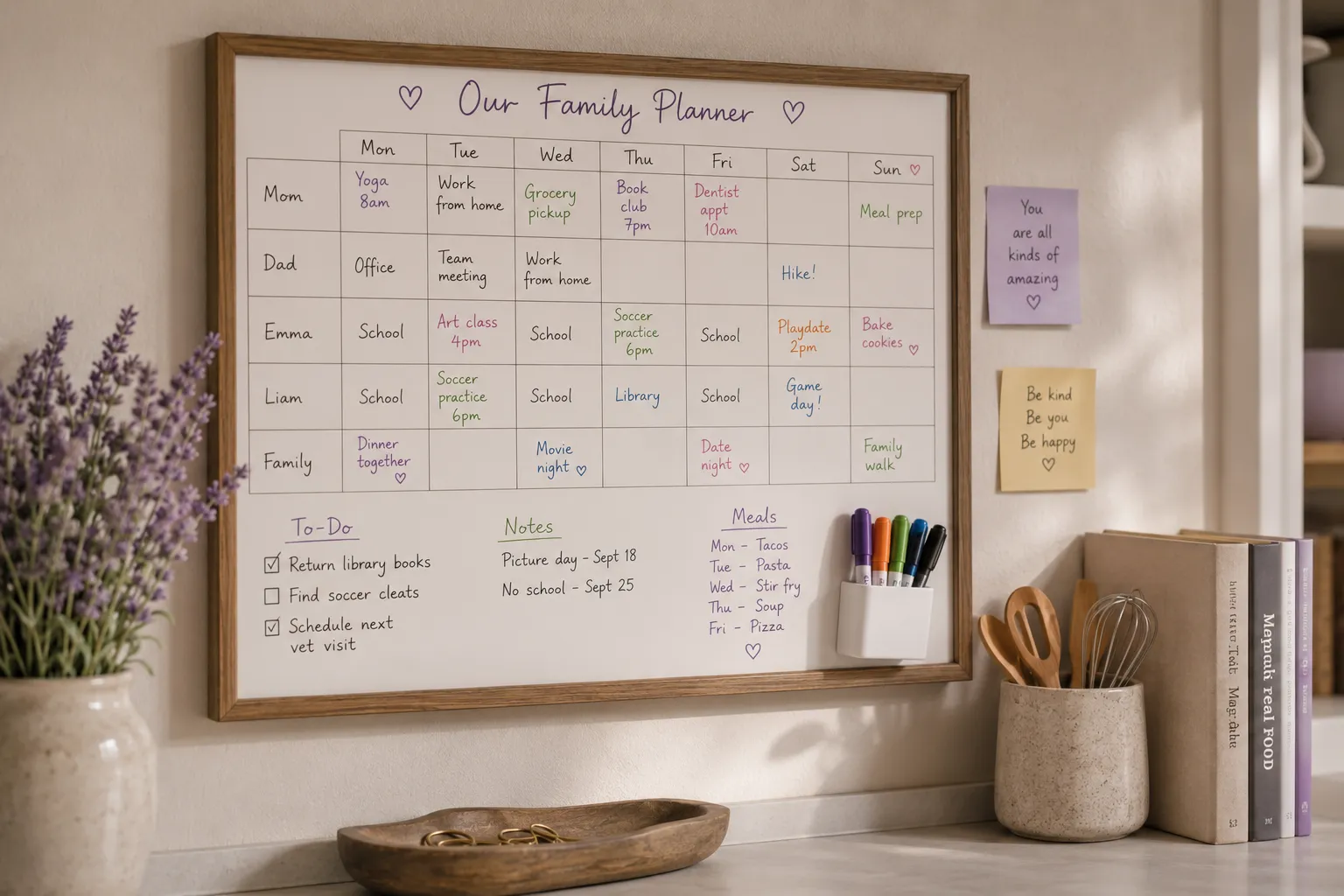 Un tableau de planning familial accroche au mur, avec des taches notees a la main et des feutres de couleur.