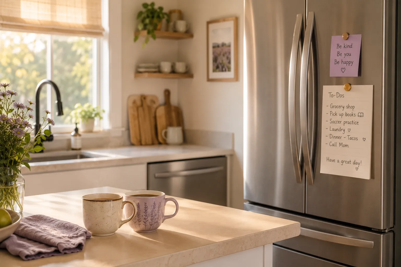 Une cuisine lumineuse et rangee avec deux tasses sur le plan de travail et une liste partagee sur le frigo.