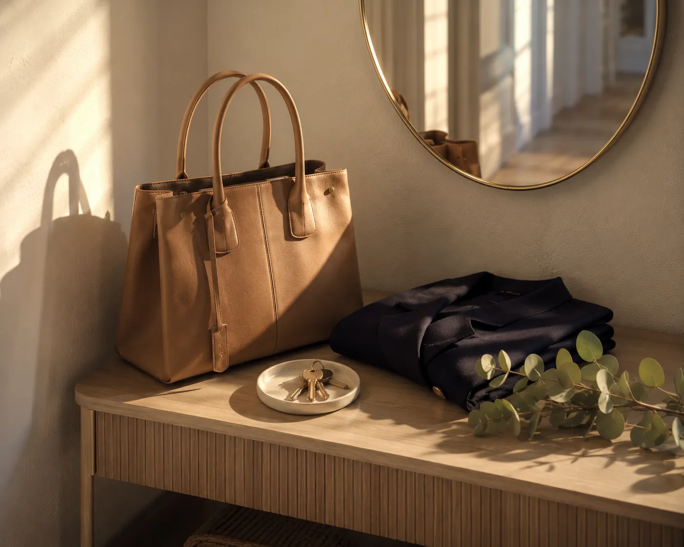 Une console d'entree baignee de lumiere du matin avec un sac de travail en cuir, un blazer plie, des cles dans une coupelle et un brin d'eucalyptus.