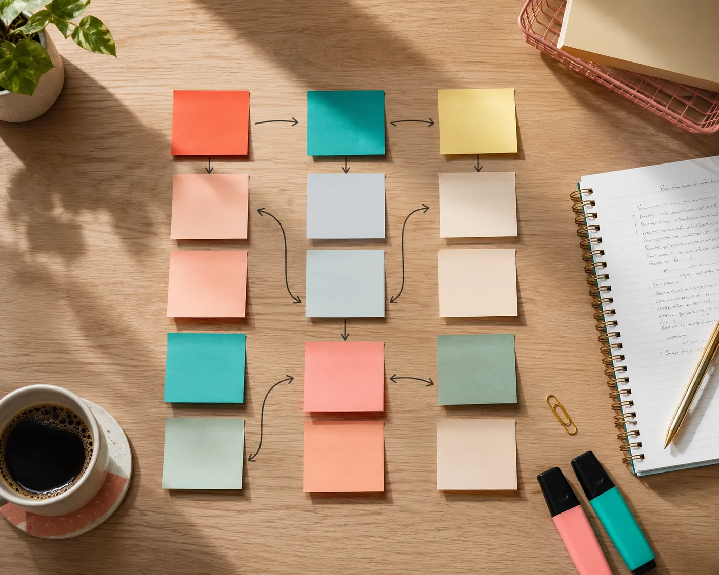 Un bureau vu de dessus couvert de post-it colores disposes en colonnes et relies par des fleches, avec un carnet annote, des surligneurs et une tasse de cafe.