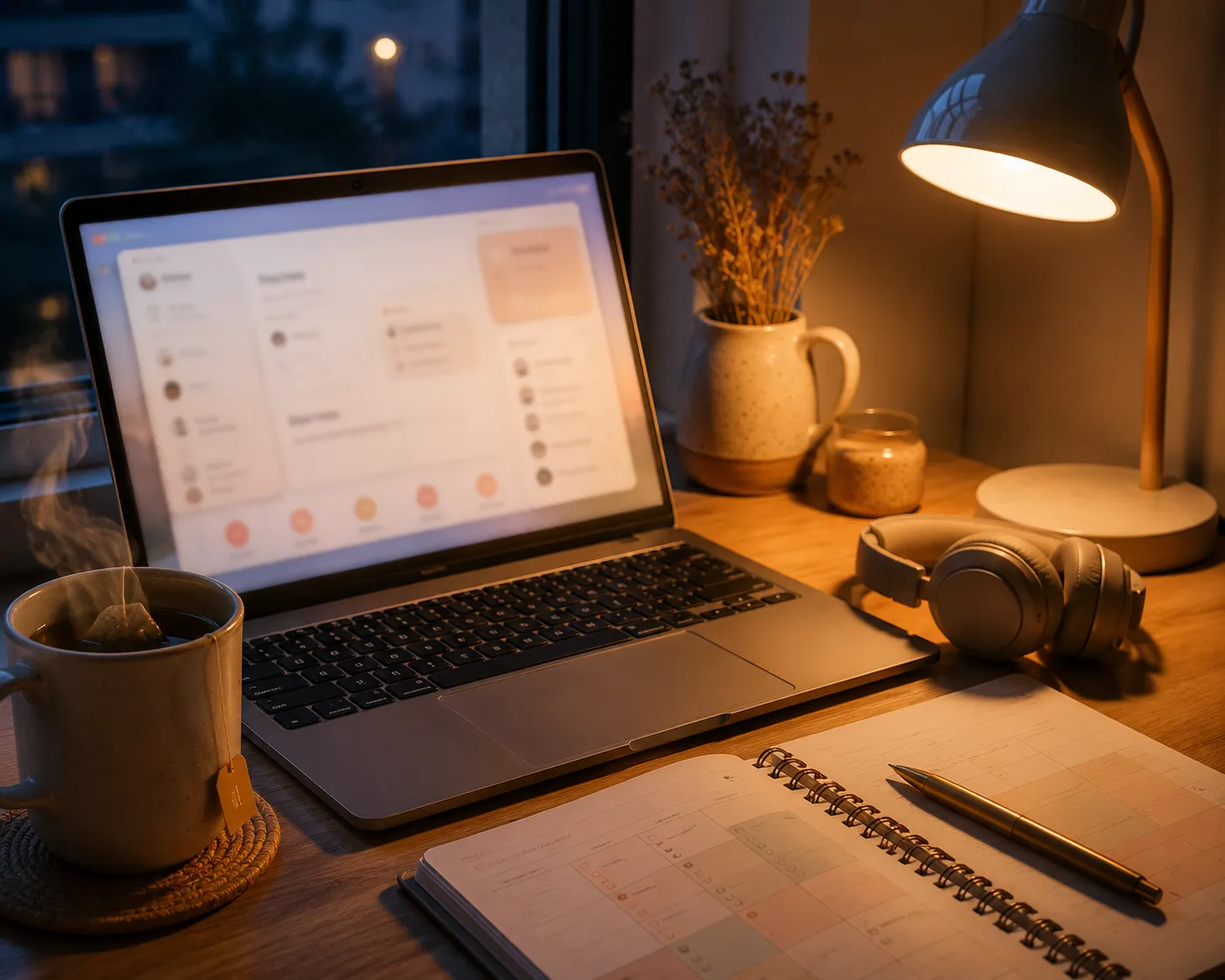 Un ordinateur portable ouvert sur un bureau pres d'une fenetre a la tombee de la nuit, une lampe chaude, un casque et une tasse de tisane fumante.