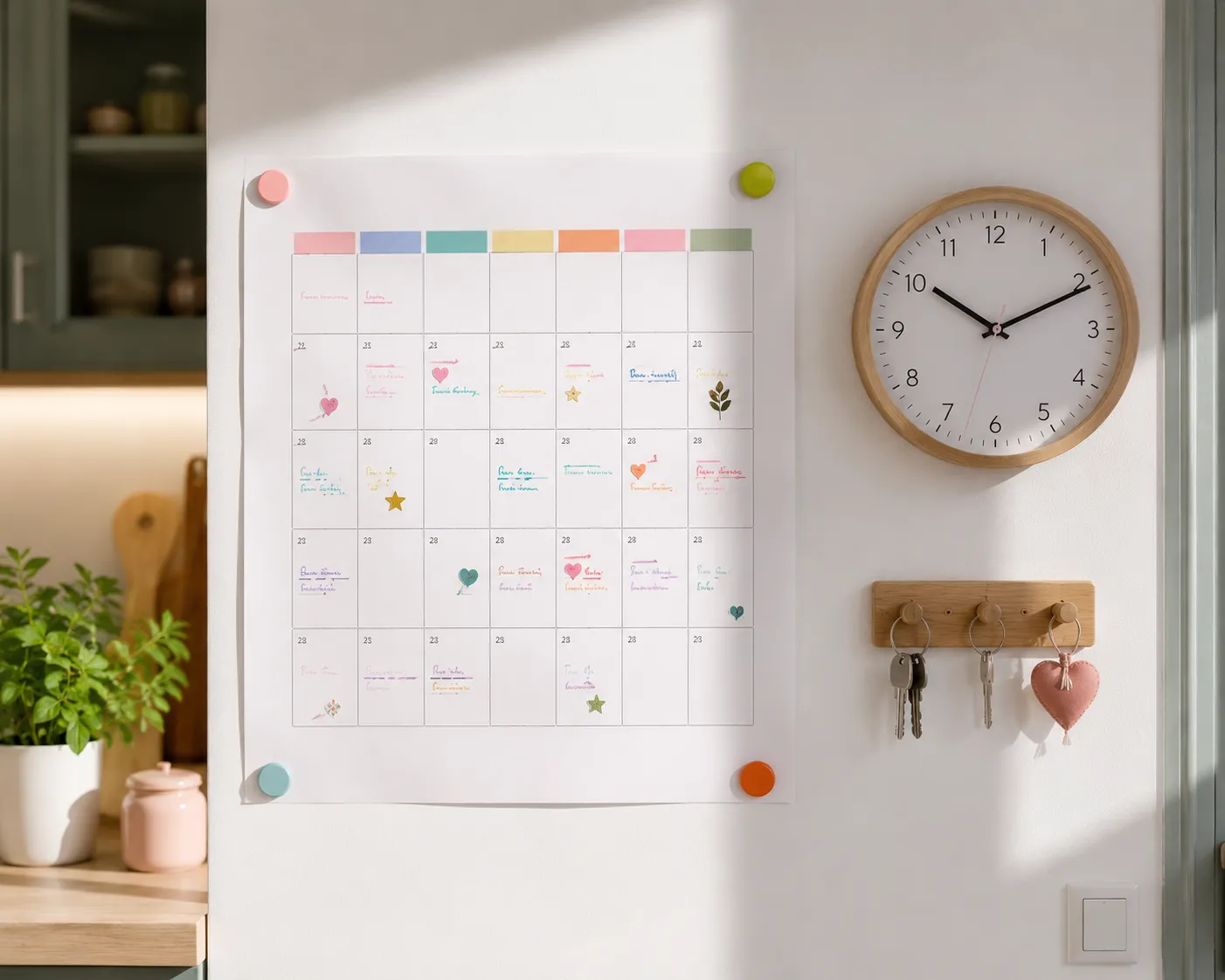 Un mur de cuisine avec un grand calendrier mensuel en papier tenu par des magnets colores, une horloge ronde et un porte-cles en dessous.