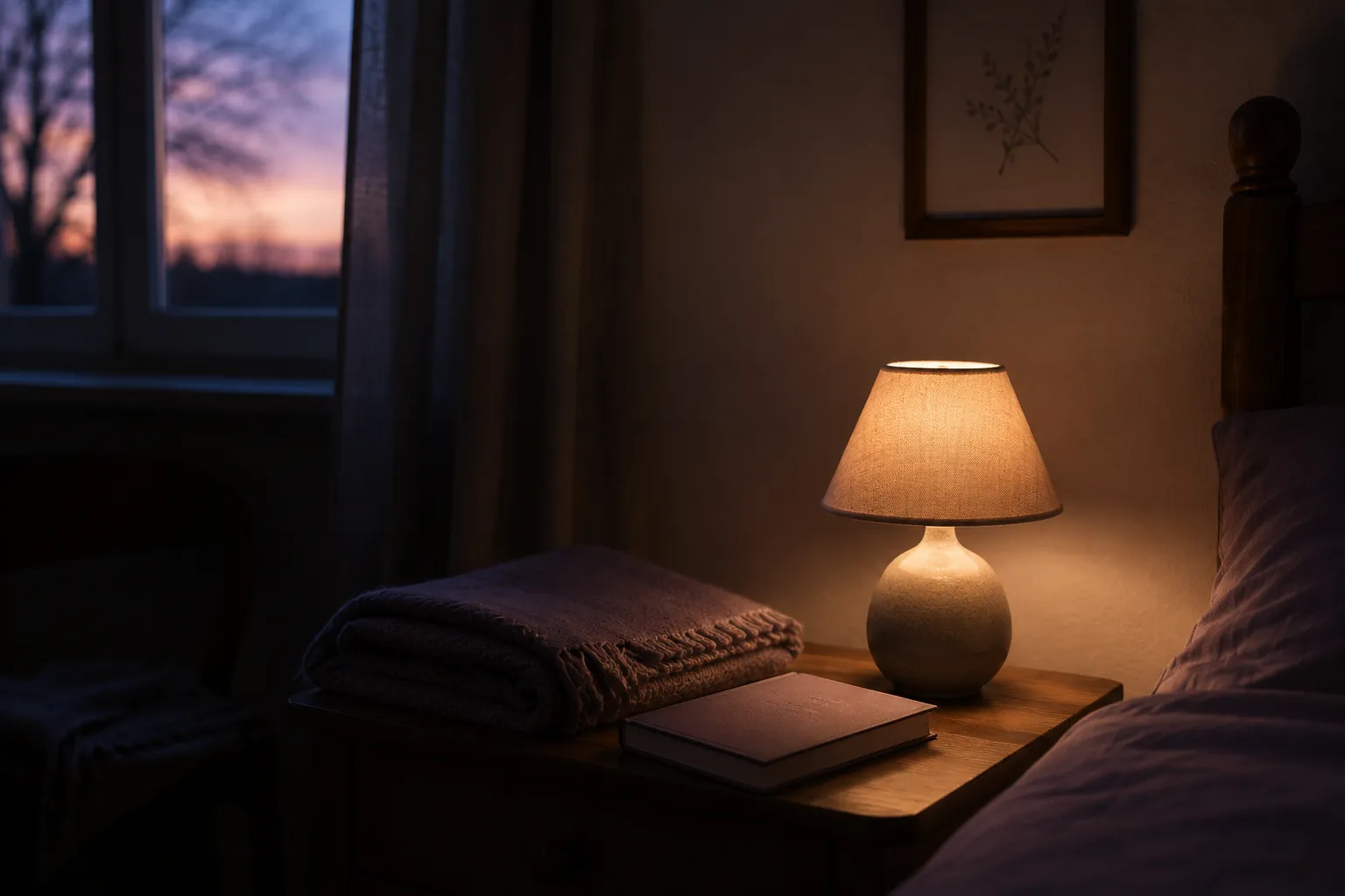 Une petite lampe allumee sur une table de chevet au crepuscule, un plaid plie et un livre ouvert, une lumiere douce et une ambiance rassurante.