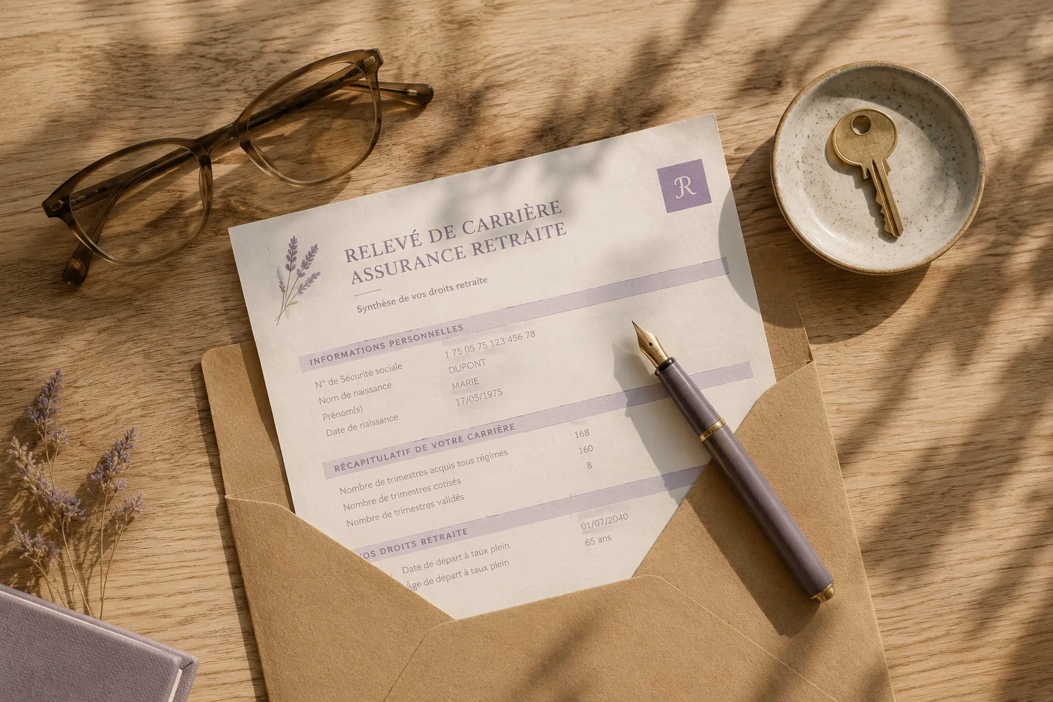 Un bureau en chene baigne de lumiere du matin avec un releve de carriere qui depasse d'une enveloppe kraft, un stylo plume, des lunettes et une coupelle avec une cle.