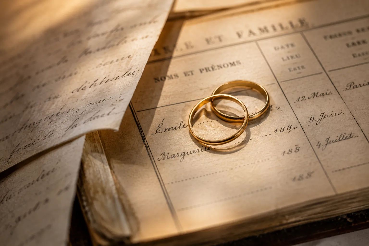 Deux alliances en or posees sur la page d'un vieux livret de famille, a cote d'une lettre manuscrite, dans une lumiere chaude de fin d'apres-midi.