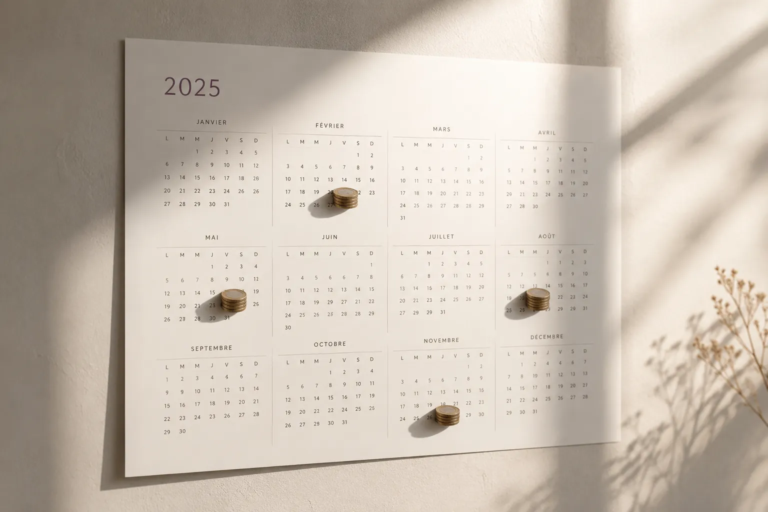 Un calendrier mural annuel avec de petites piles de pieces posees sur plusieurs mois, eclaire par une lumiere laterale de midi sur un mur greige.