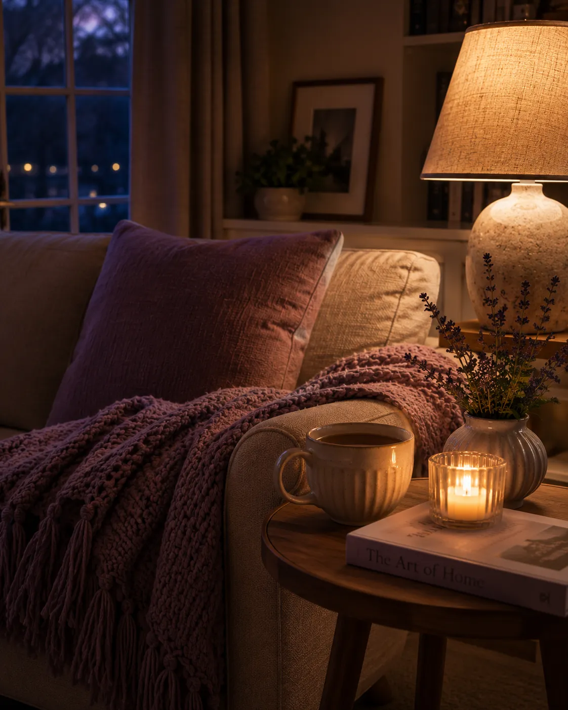 Un coin de canape le soir avec un plaid en maille plie, une boisson chaude sur une table d'appoint et une lampe a lumiere douce.