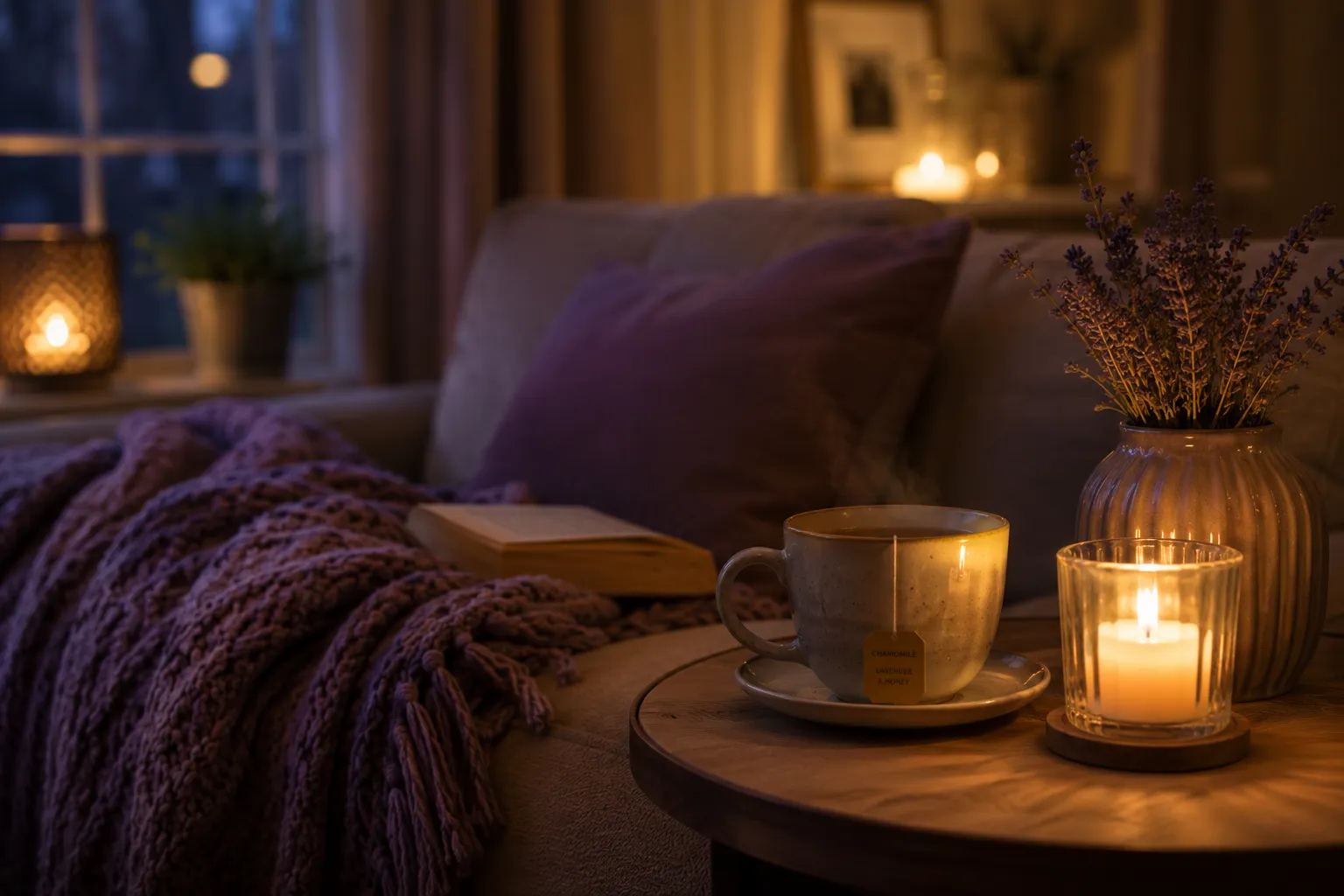 Une scene apaisante du soir avec une tasse de tisane fumante, un plaid doux et une bougie allumee sur une table d'appoint.