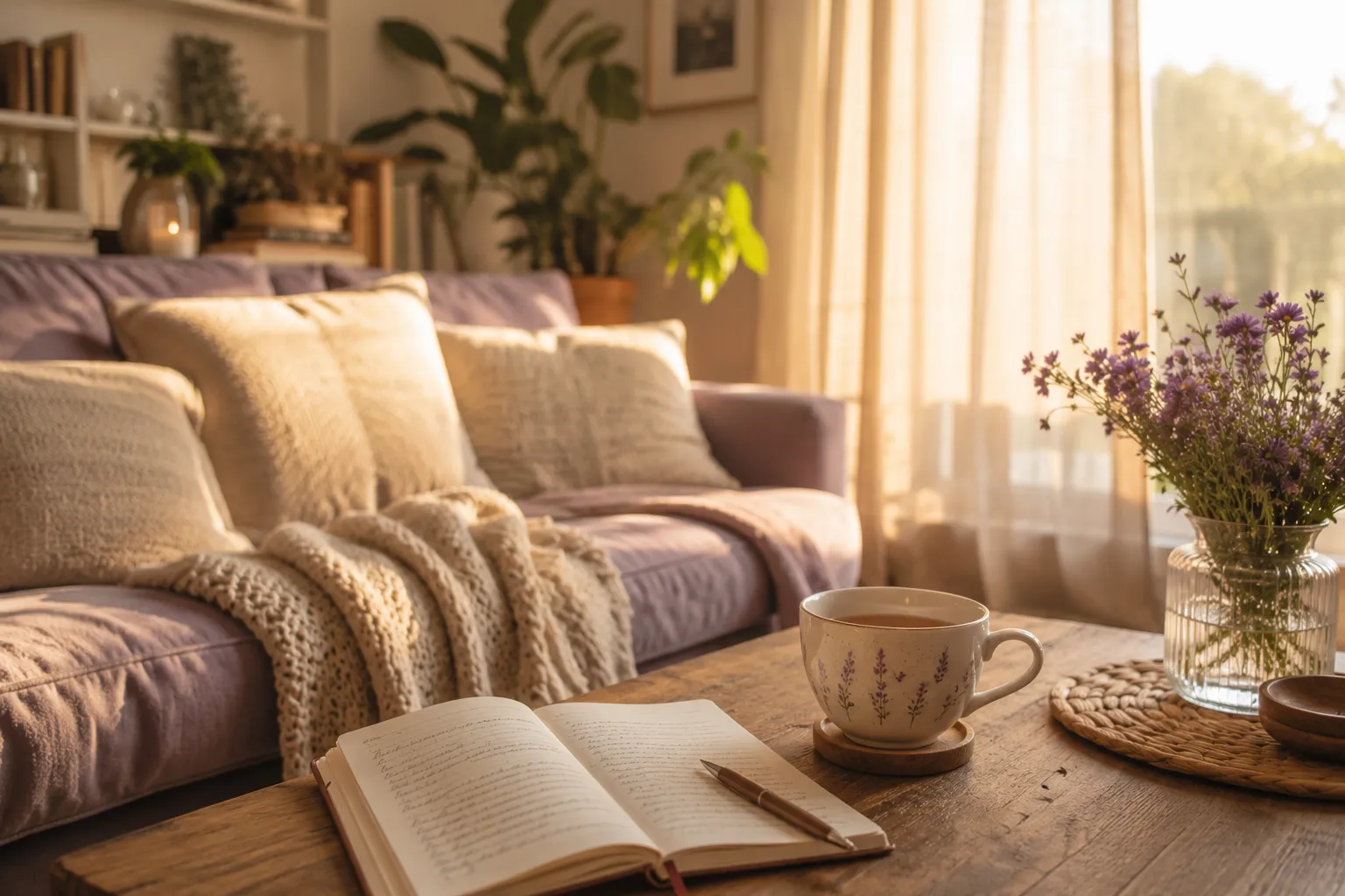 Un salon chaleureux baigne de lumiere du matin, avec un livre ouvert et une tasse de the sur la table basse.