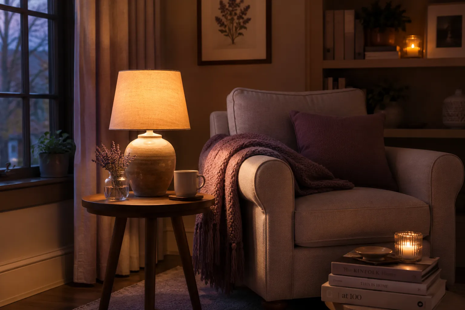 Un coin de salon a la tombee du jour avec une lampe a lumiere chaude, un fauteuil douillet et une petite pile de livres.
