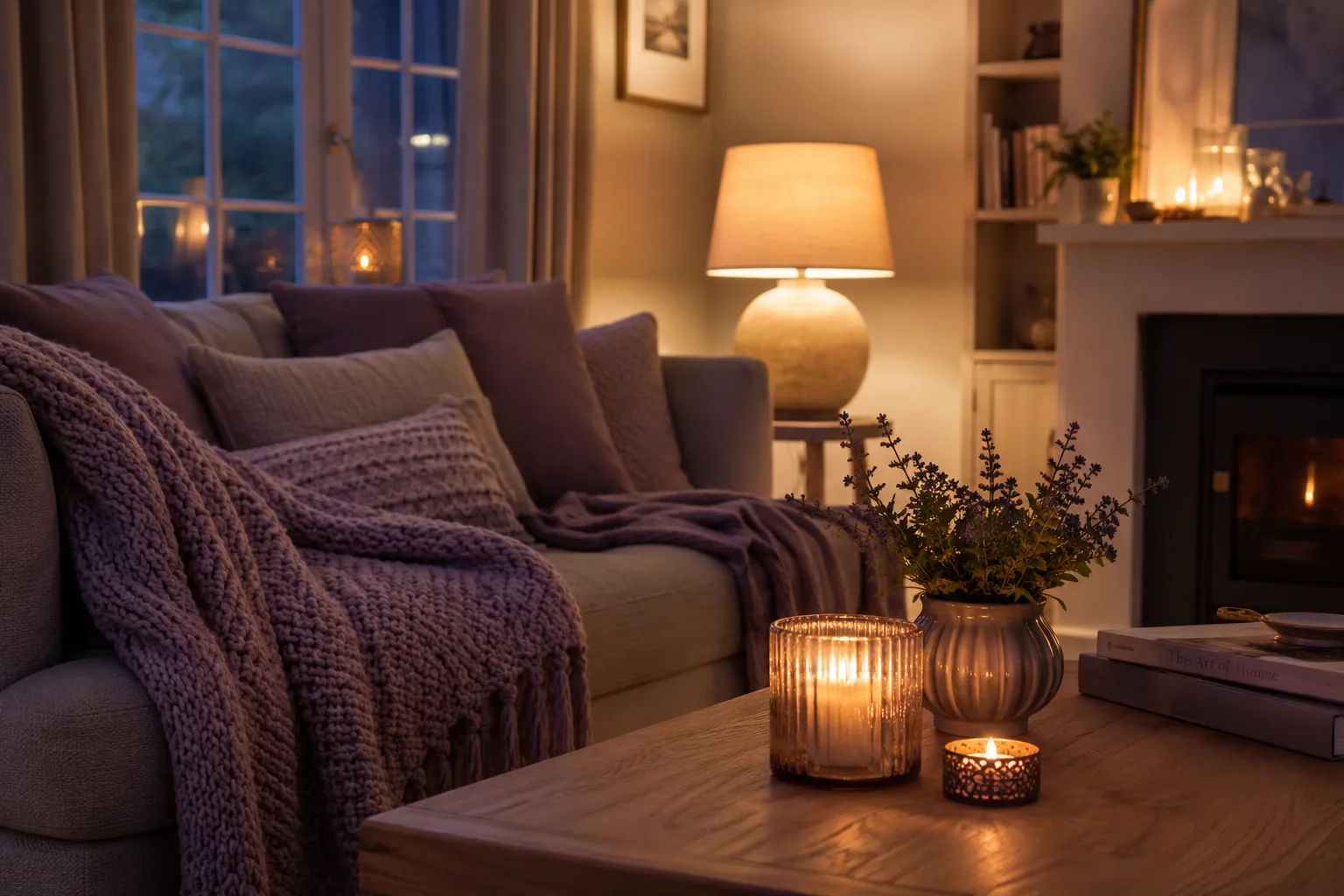 Un salon cosy le soir avec un canape, un plaid en maille lavande, des coussins, une lampe chaude et des bougies.
