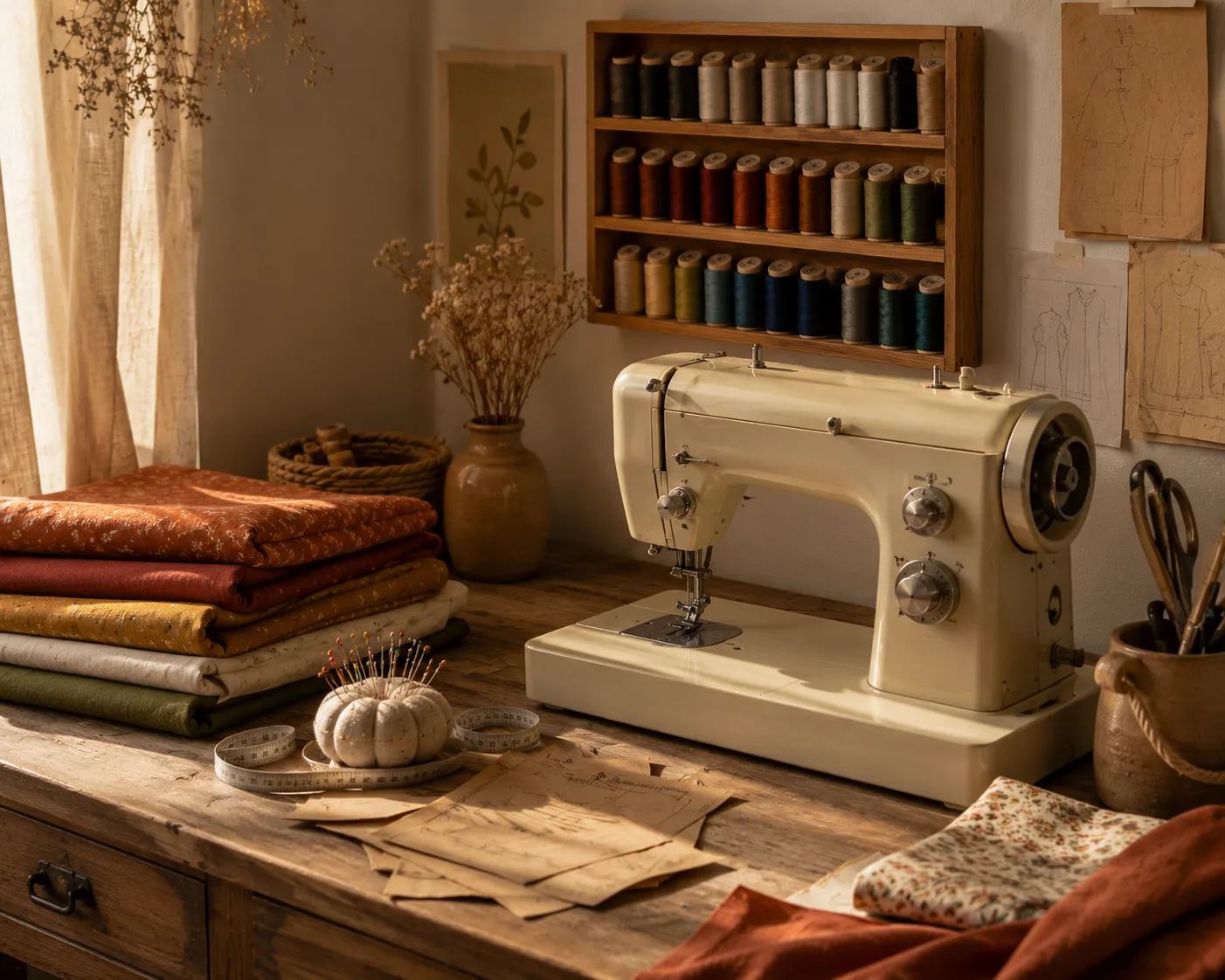 Un coin couture a la maison avec une machine a coudre ancienne, des tissus plies dans les tons terracotta et moutarde, un rateau mural de bobines de fil colorees, lumiere chaude de fin d'apres-midi.