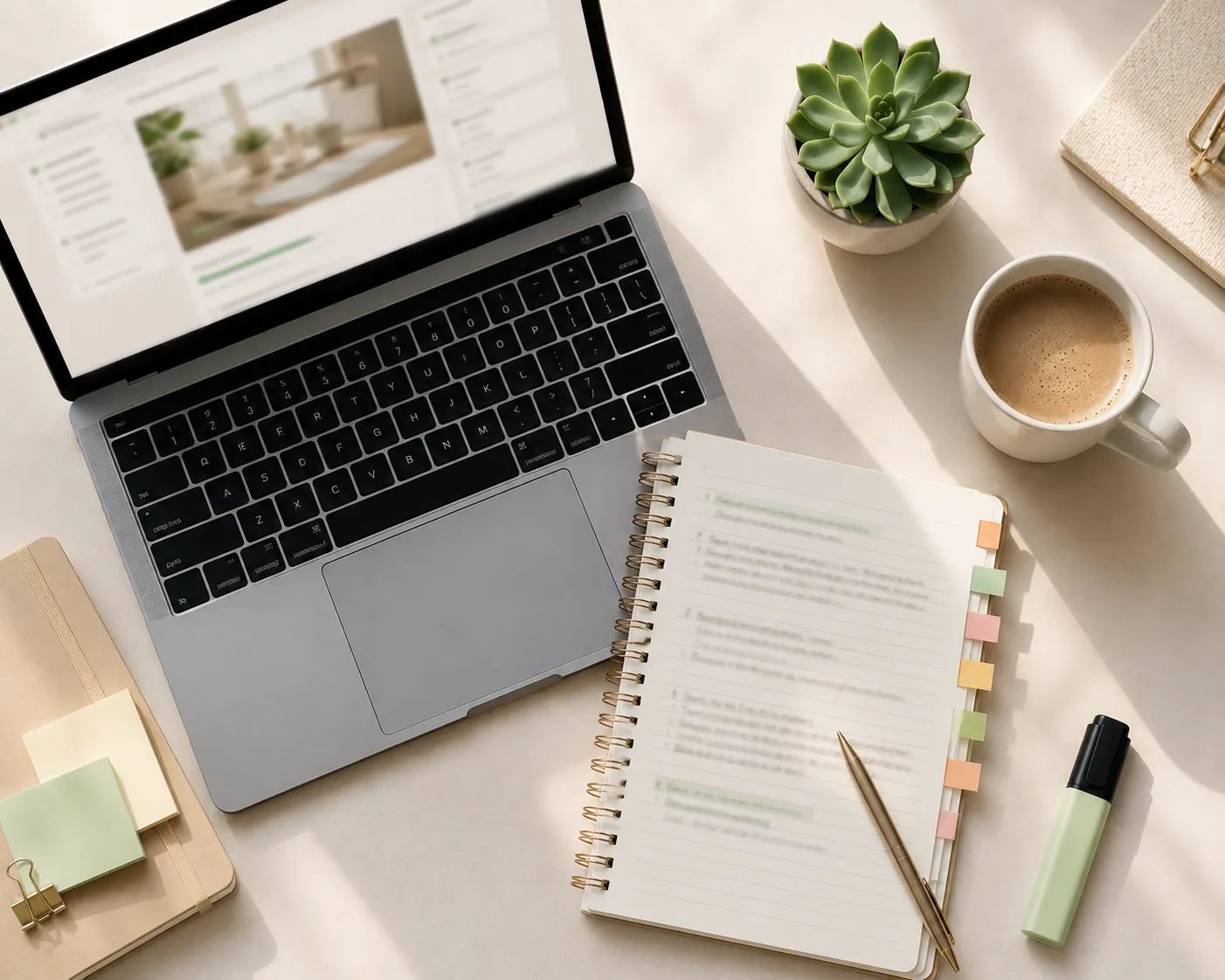 Un bureau vu de dessus avec un ordinateur portable ouvert sur une interface de cours en ligne floutee, un carnet a onglets colores, un surligneur, un cafe et une petite plante grasse.