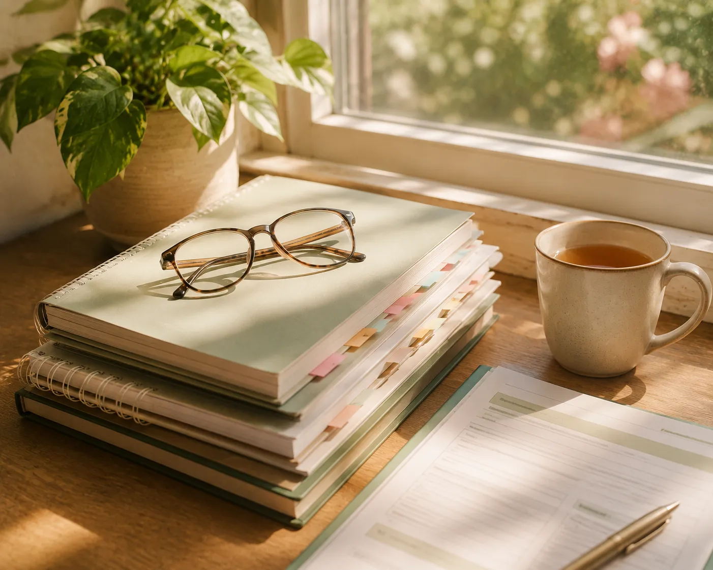 Une pile de manuels de formation avec des onglets colores, des lunettes, une tasse et une plante sur un rebord de fenetre, lumiere d'apres-midi.