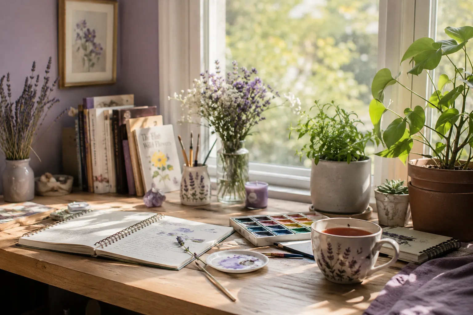 Un coin bureau paisible pres d'une fenetre ensoleillee, avec un carnet ouvert, de l'aquarelle, une tasse de the et de la lavande.