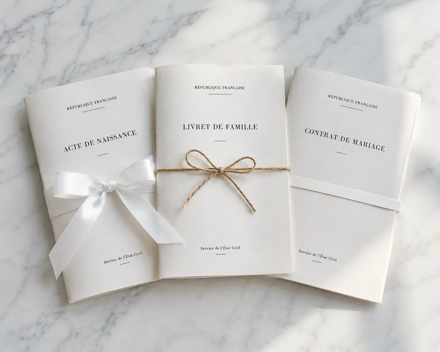 Trois documents officiels de la Republique francaise poses sur un plan de marbre clair, un acte de naissance, un livret de famille et un contrat de mariage, chacun noue d'un ruban different, lumiere douce et uniforme.