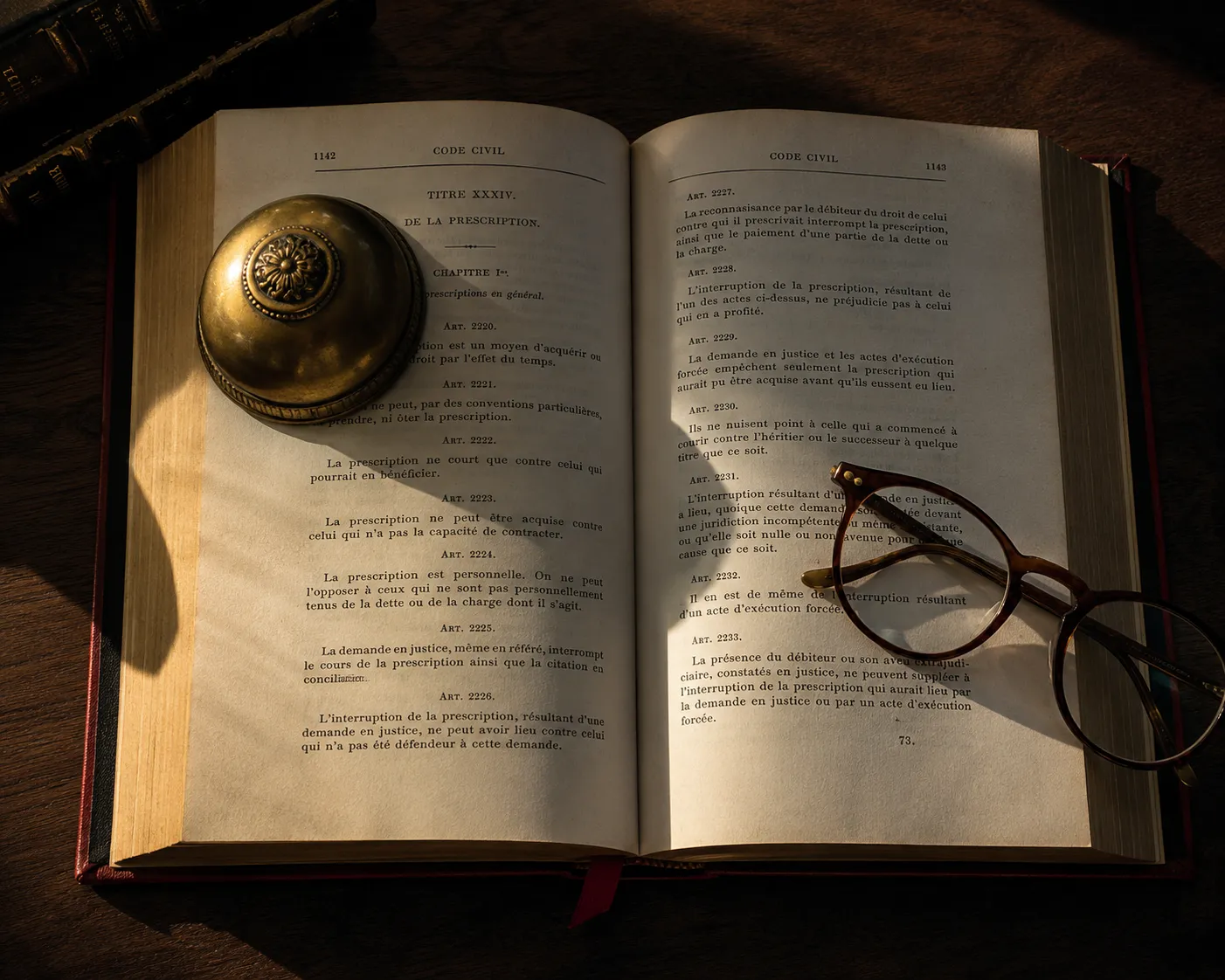 Gros plan en plongee d'un livre relie ouvert evoquant un code de loi sur un bureau en noyer sombre, un presse-papier en laiton et des lunettes de lecture poses sur les pages, lumiere rasante de fin d'apres-midi et ombres marquees.