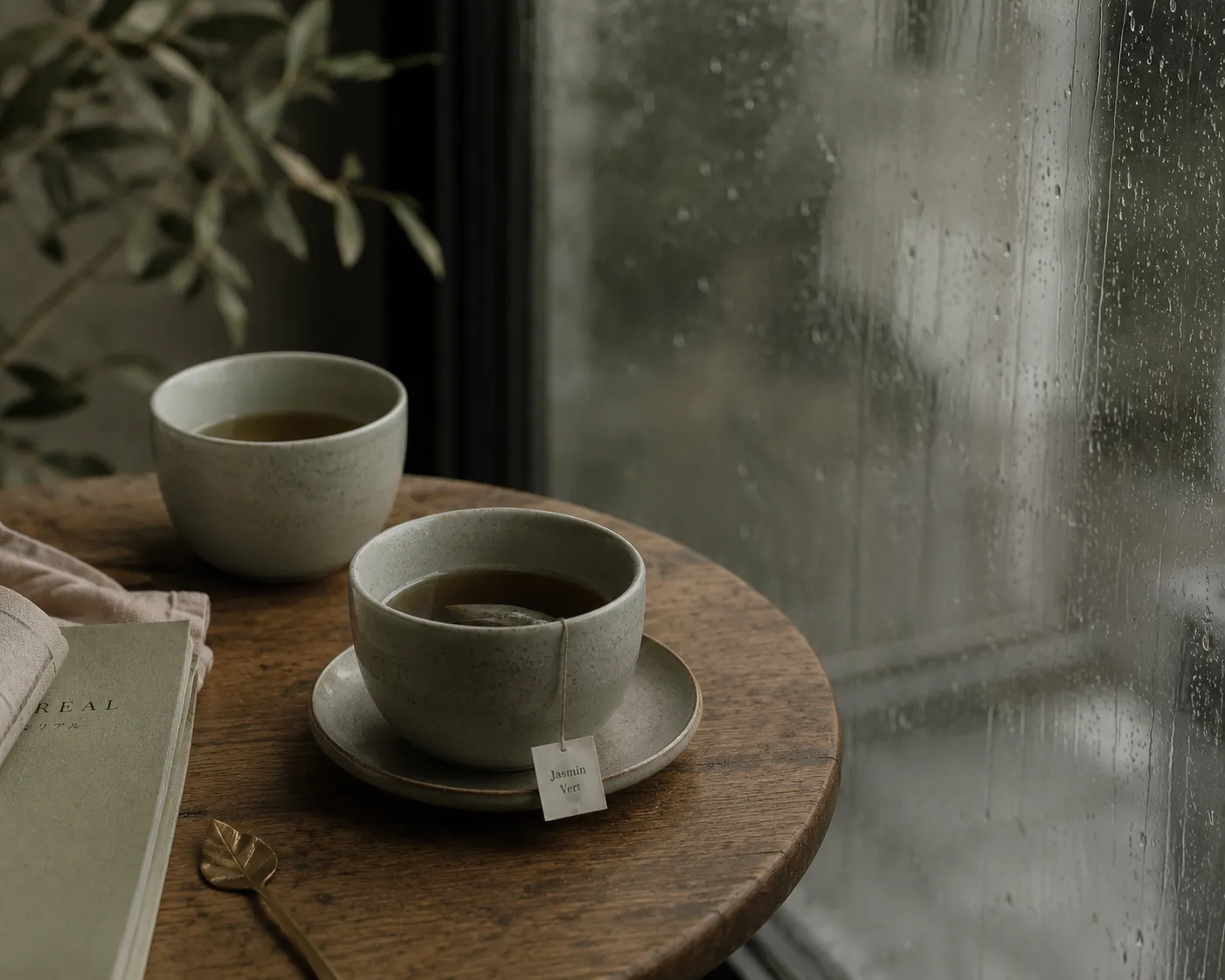 Deux tasses de the en gres posees sur une petite table ronde en bois pres d'une fenetre ruisselante de pluie, lumiere grise et douce, ambiance calme et intime.