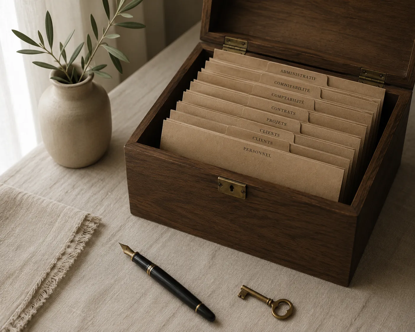 Une boite a documents en bois ouverte sur une nappe en lin, des dossiers en kraft etiquetes ranges a l'interieur, un stylo plume et une petite cle en laiton poses a cote, lumiere naturelle diffuse.