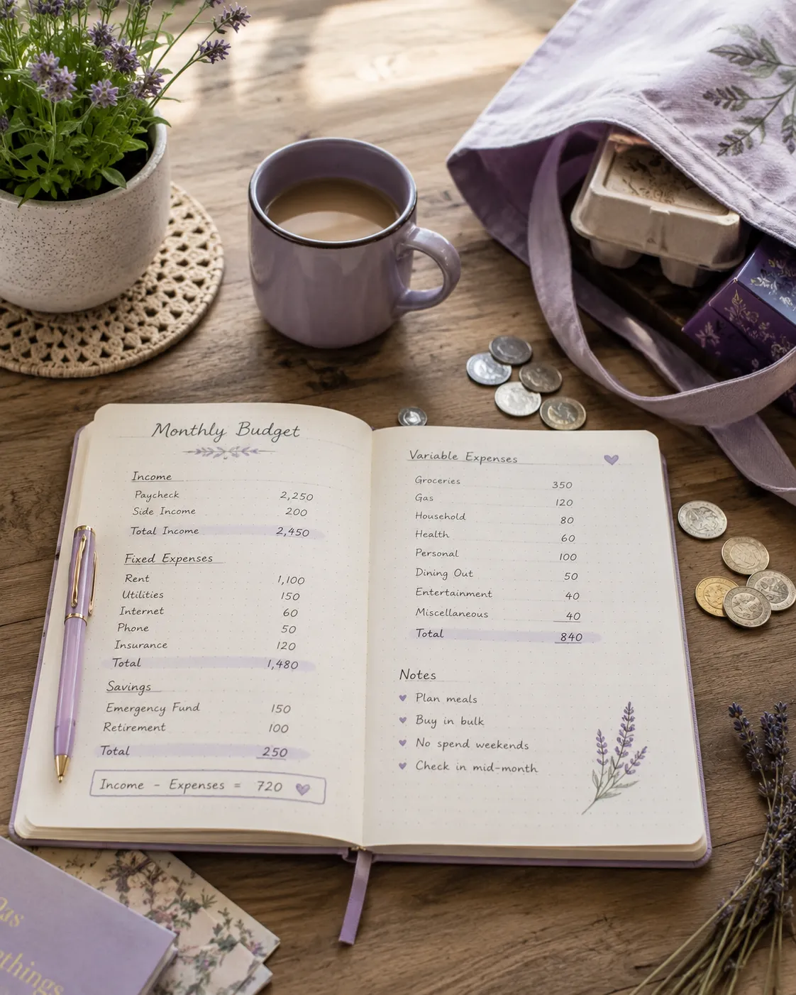 Un carnet de budget mensuel ouvert avec des categories notees a la main, de la monnaie et un sac de courses reutilisable a cote.