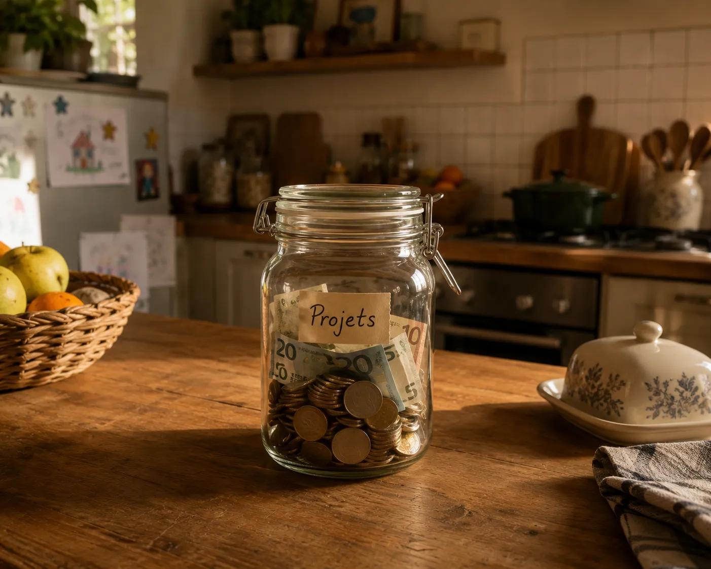 Un bocal en verre rempli de pieces et de billets avec une etiquette Projets, pose sur une table en bois dans une cuisine chaleureuse.