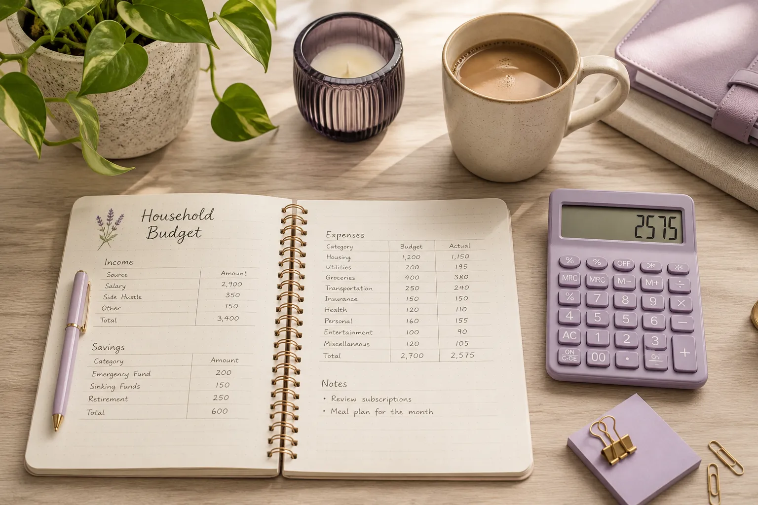 Un bureau range avec un carnet de budget ouvert, une calculatrice, une tasse de cafe et une petite plante.