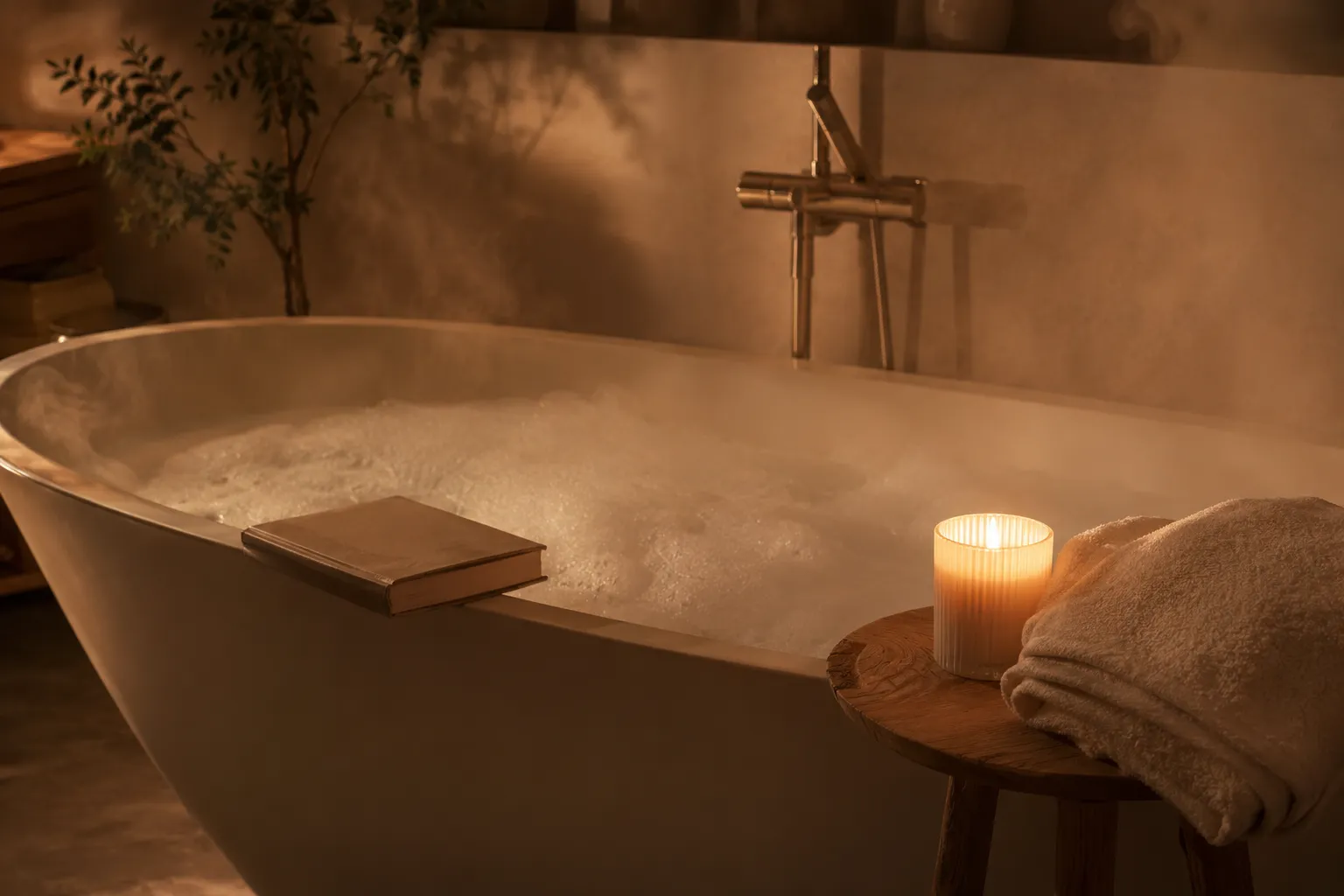 Un bain moussant chaud dans une lumiere douce de fin de journee, avec une bougie allumee et une serviette pliee sur un tabouret en bois, et un livre pose sur le rebord.