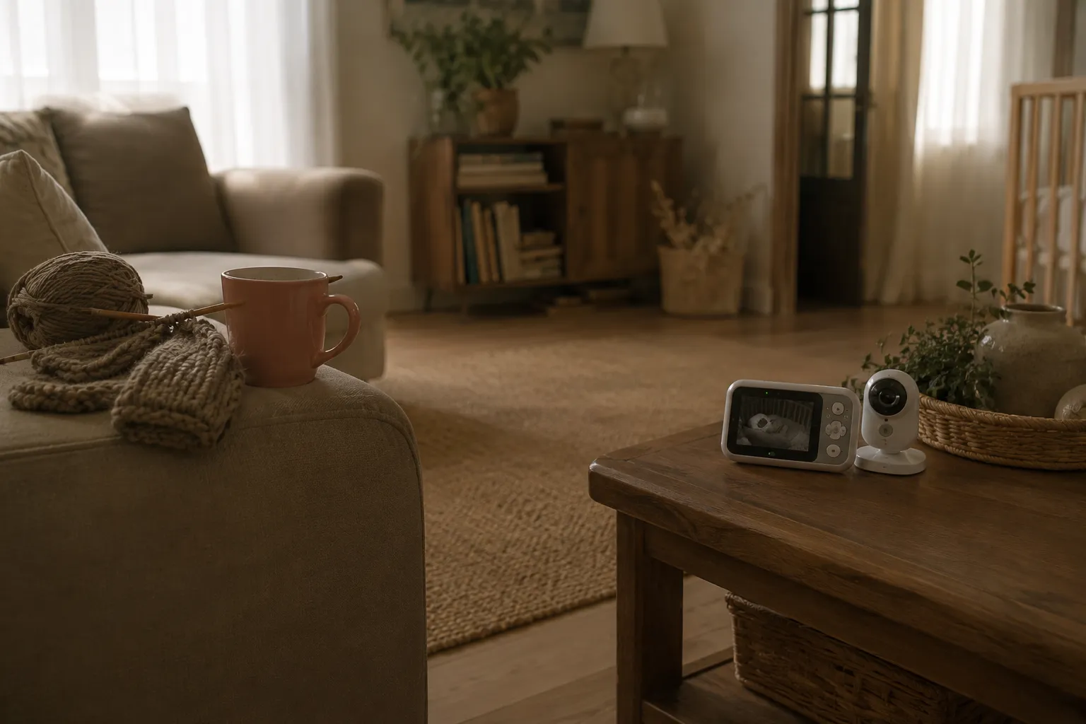 Un salon calme pendant la sieste, avec un babyphone pose sur la table basse, un ouvrage de tricot et une tasse laissee sur l'accoudoir du canape, dans une lumiere douce.