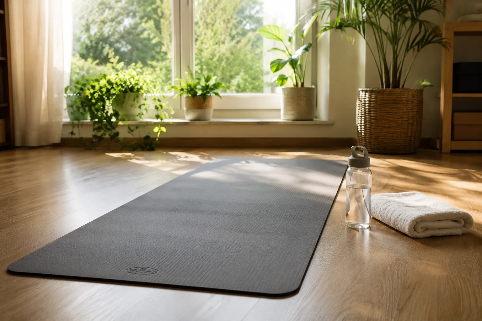 Un tapis de yoga deroule pres d'une fenetre lumineuse, avec une gourde d'eau et une serviette pliee, entoure de plantes, dans une lumiere fraiche du matin.