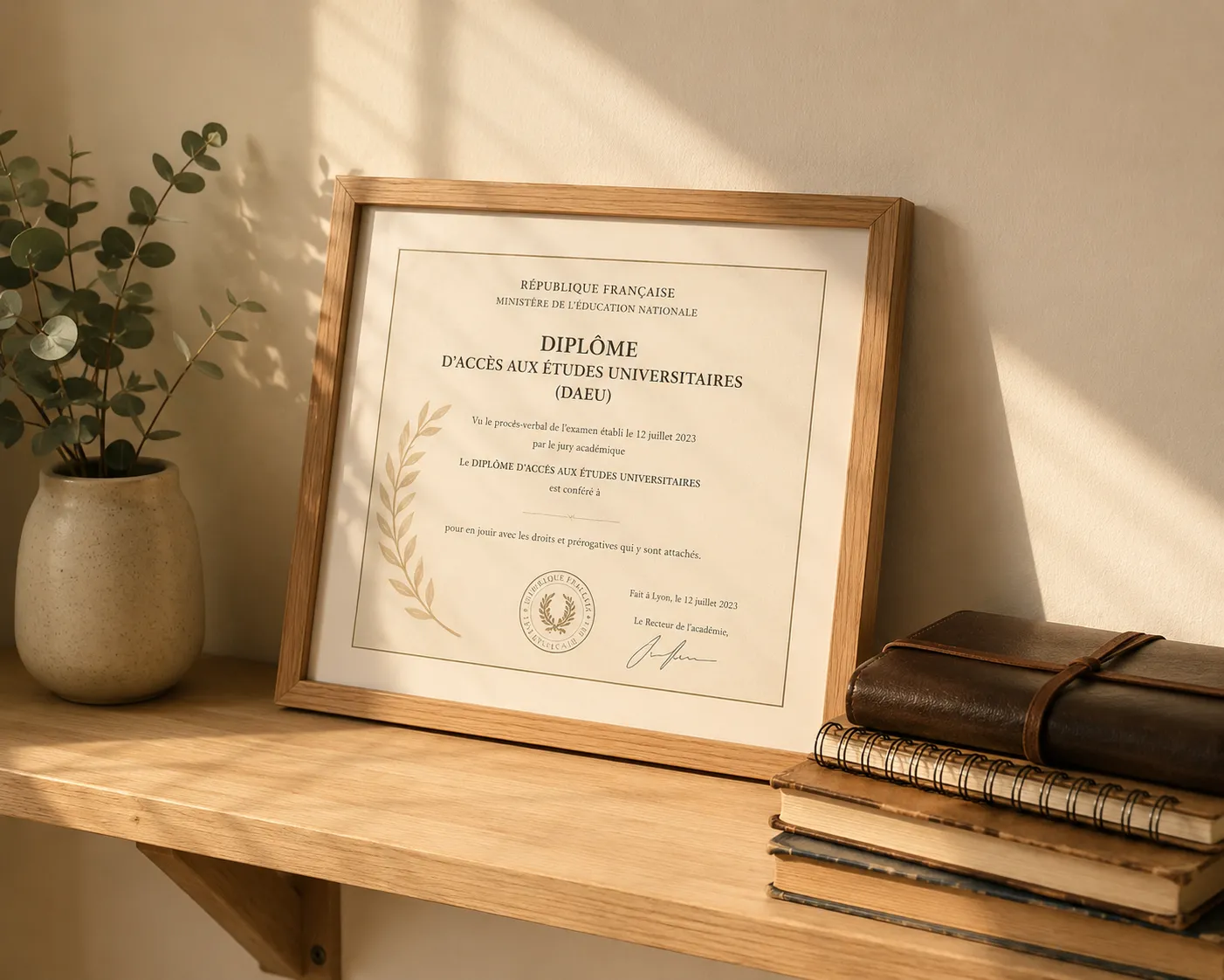 Un diplome encadre pose contre un mur sur une etagere en bois clair, a cote d'une plante et de carnets, lumiere chaude de fin d'apres-midi.