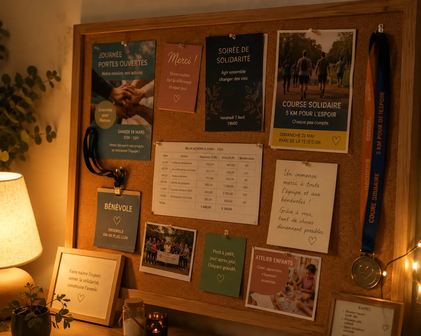 Un tableau de liege couvert de souvenirs d'activites associatives et benevoles : flyers d'evenements, badge benevole, ruban de course solidaire, medaille et notes manuscrites, lumiere chaude de lampe le soir.