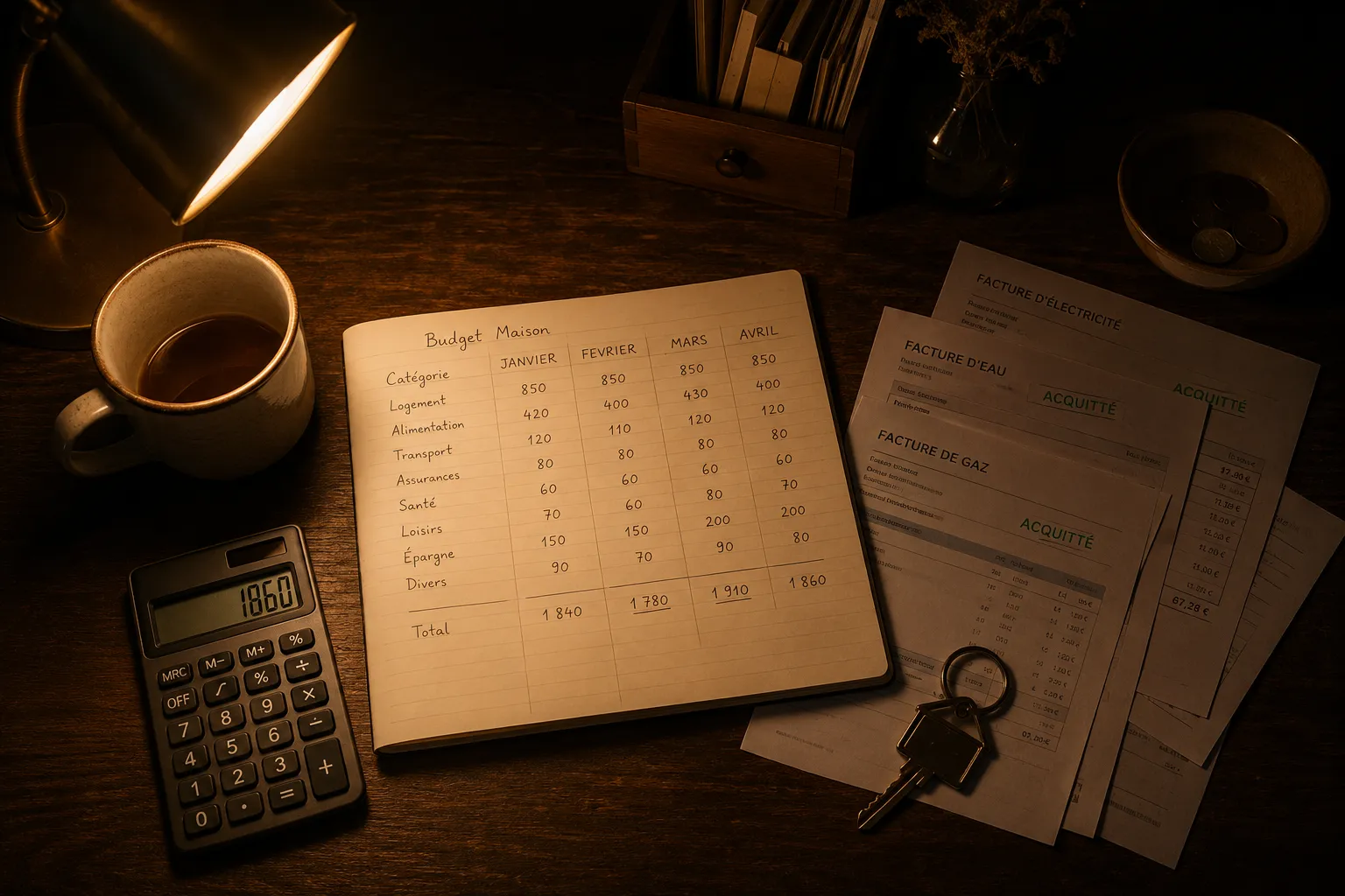 Un coin bureau la nuit sous une lampe chaude, avec un cahier de budget mensuel ouvert, une calculatrice, une pile de factures payees et une cle de maison posee sur une table en bois sombre.
