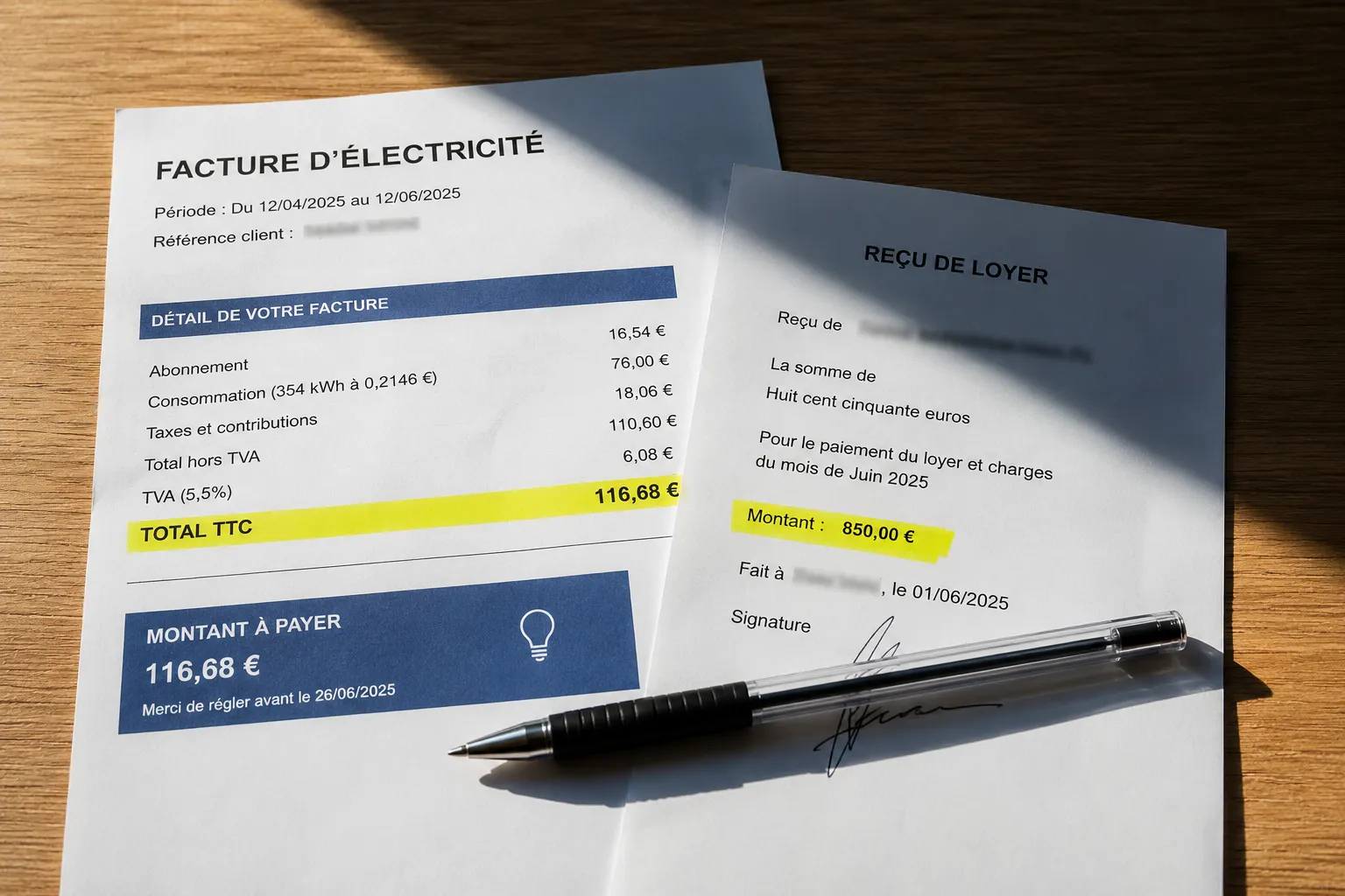 Une facture d'electricite et un recu de loyer poses cote a cote sur un bureau en bois, quelques lignes surlignees en jaune et un stylo pose en travers, dans une lumiere de jour tranchee.
